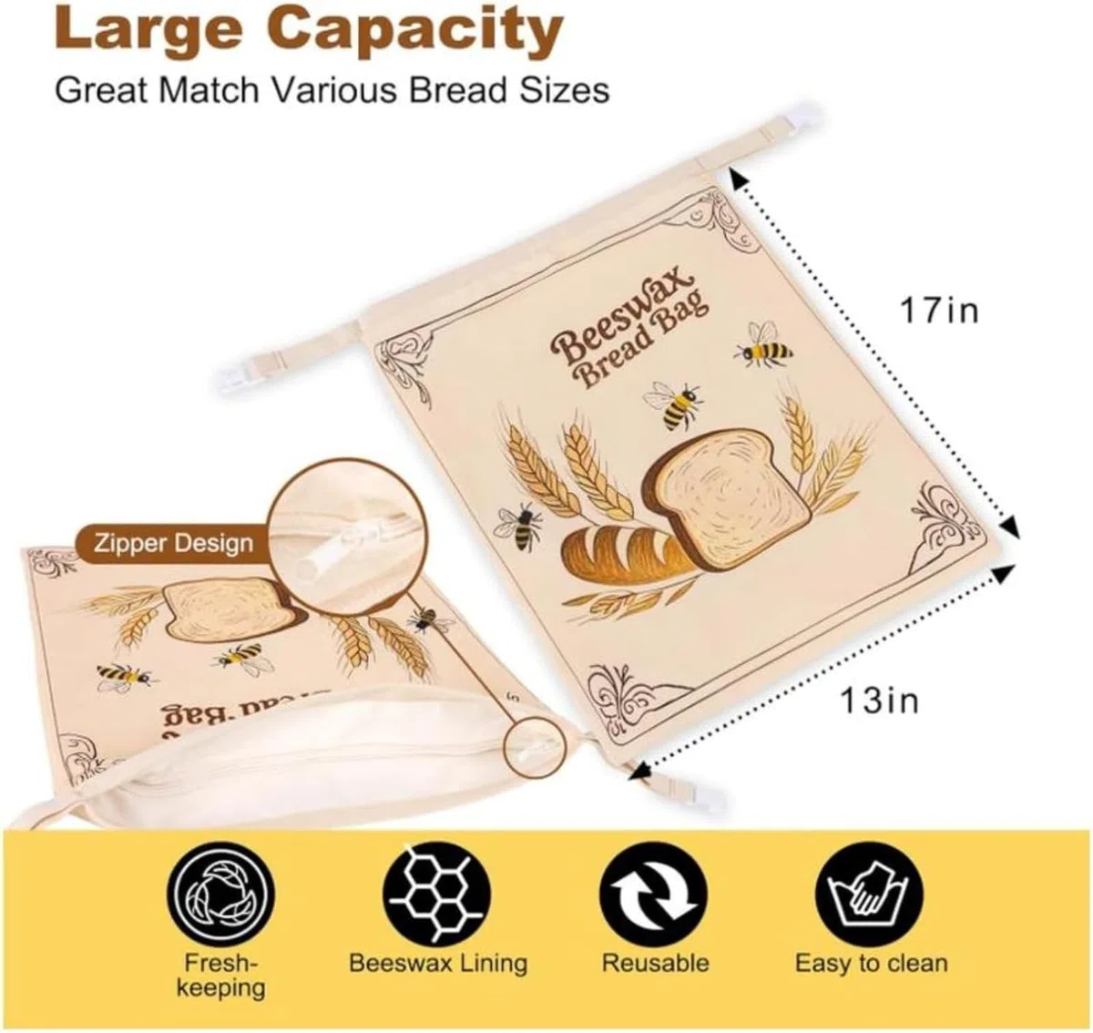 2 bolsas de pan de cera de abeja para pan casero, bolsas reutilizables de cera de abeja para masa madre, bolsa de algodón encerado con cremallera sellada, mantiene fresca durante más tiempo, bolsa de