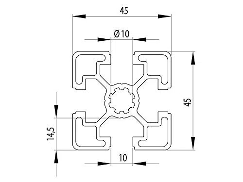 Perfil de aluminio 45x45L tipo B ranura 10 (ligero), anodizado plata - Longitudes estándar 1200mm