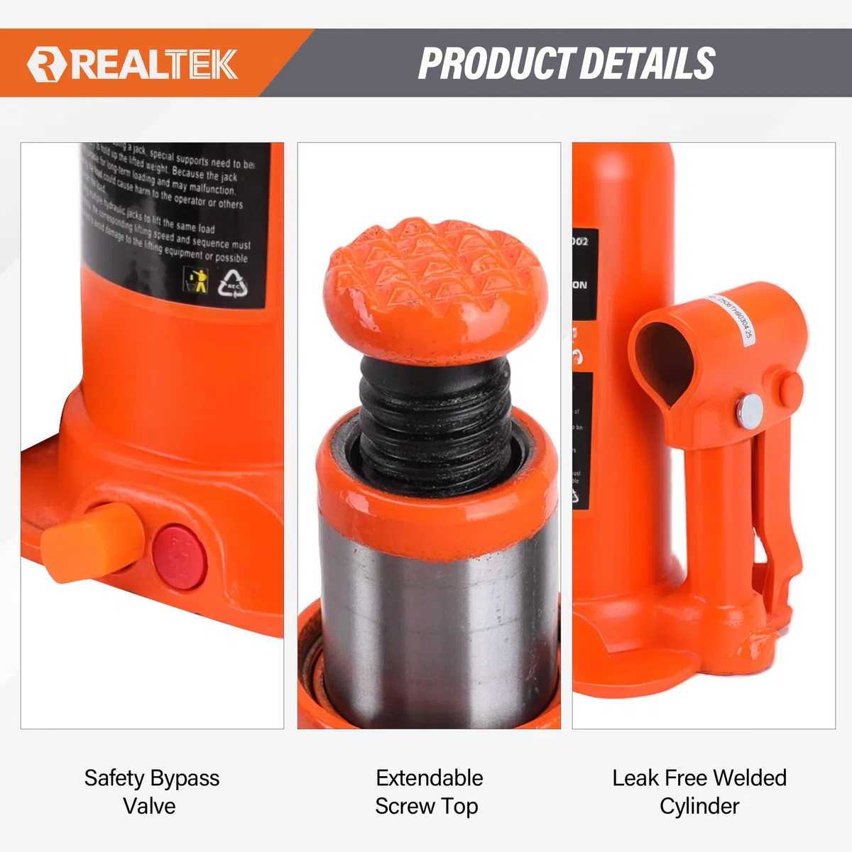 REALTEK Gato Hidráulico de Botella 3 Toneladas Resistente Gato de Soporte de Elevación para Vehículos, Rango de Altura 188-363 mm, Naranja