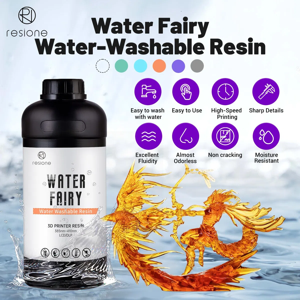 RESIONE WW123 Resina Lavable al Agua, Resina para Impresora 3D de Alta Velocidad de 405 nm, Sin Agrietamiento y Resistente a la Humedad, Casi Inodora- 1000g (Naranja llameante)