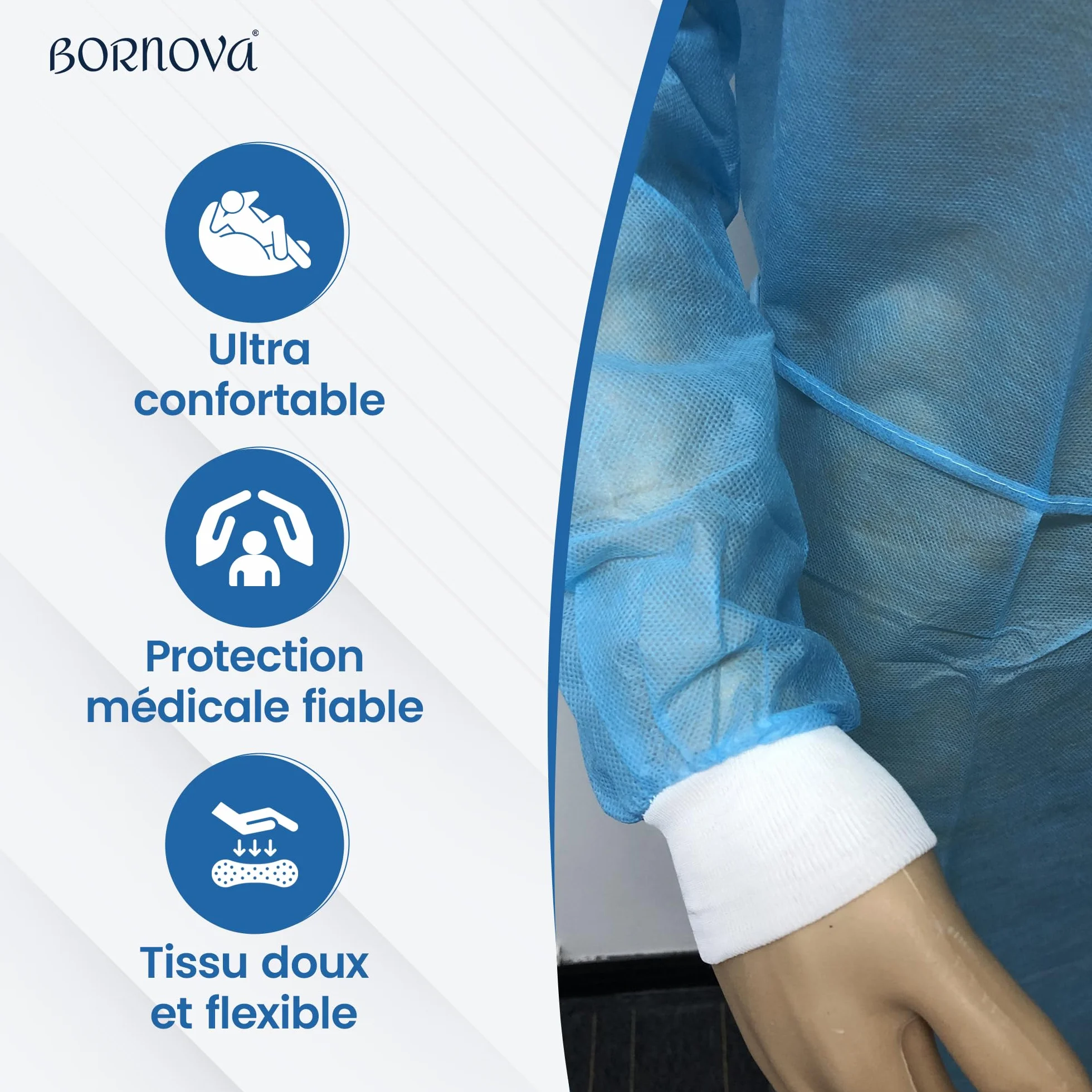 Bornova Sobrebata médica desechable - Bata de aislamiento para pacientes hospitales - PP Tamaño universal - Calidad profesional Cómodo - AZUL CIELO (35 gsm /10 PCS)
