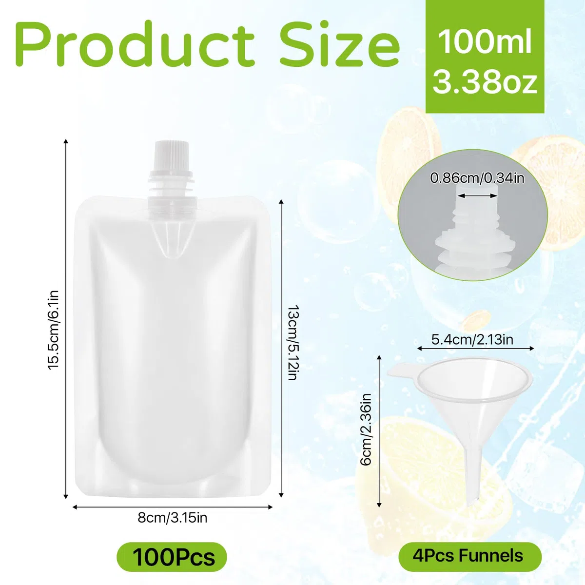 100 bolsas de bebidas de 100 ml para festivales, frascos de plástico recargables con 4 embudos, a prueba de fugas, bolsas transparentes para líquidos fríos y calientes, fiestas, viajes