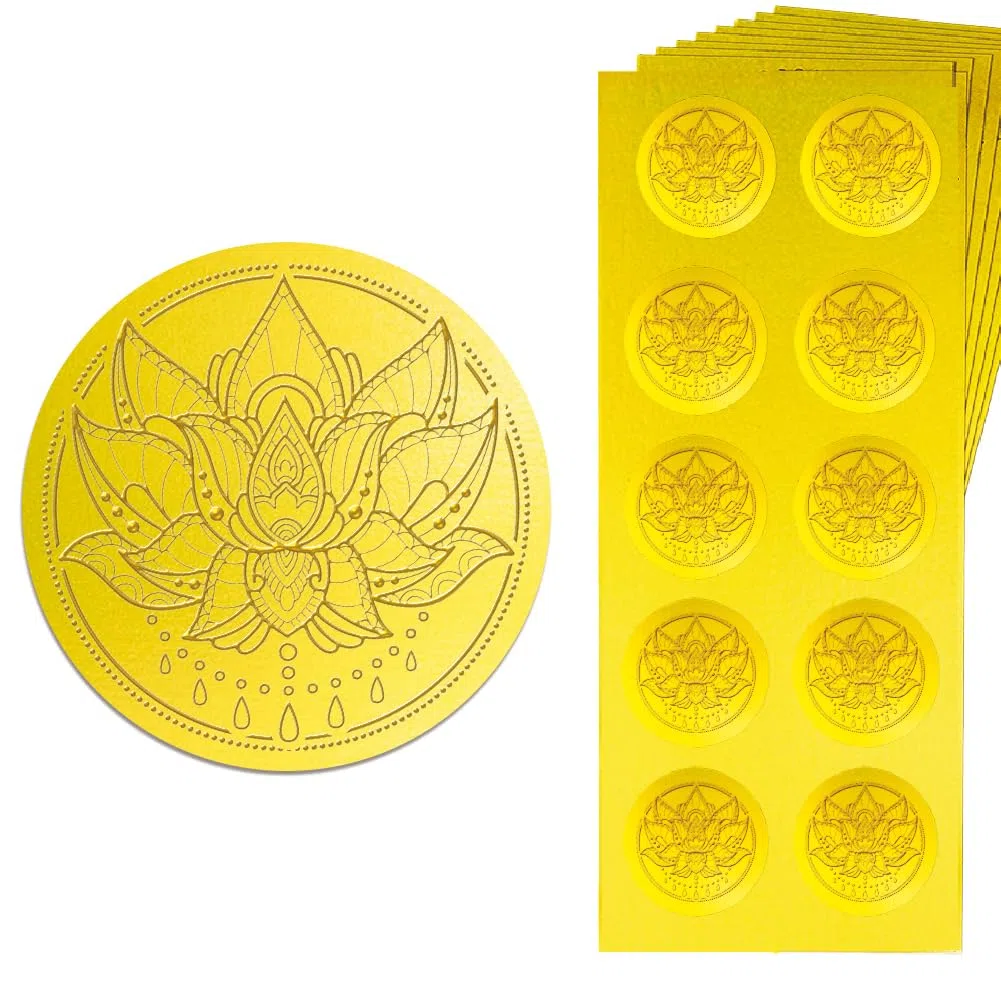 Peacoblue Sello adhesivo dorado en relieve de mandala loto de 1.4 pulgadas, 150 unidades, calcomanías autoadhesivas doradas para invitación, sello de sobre, tarjeta de regalo, decoración de