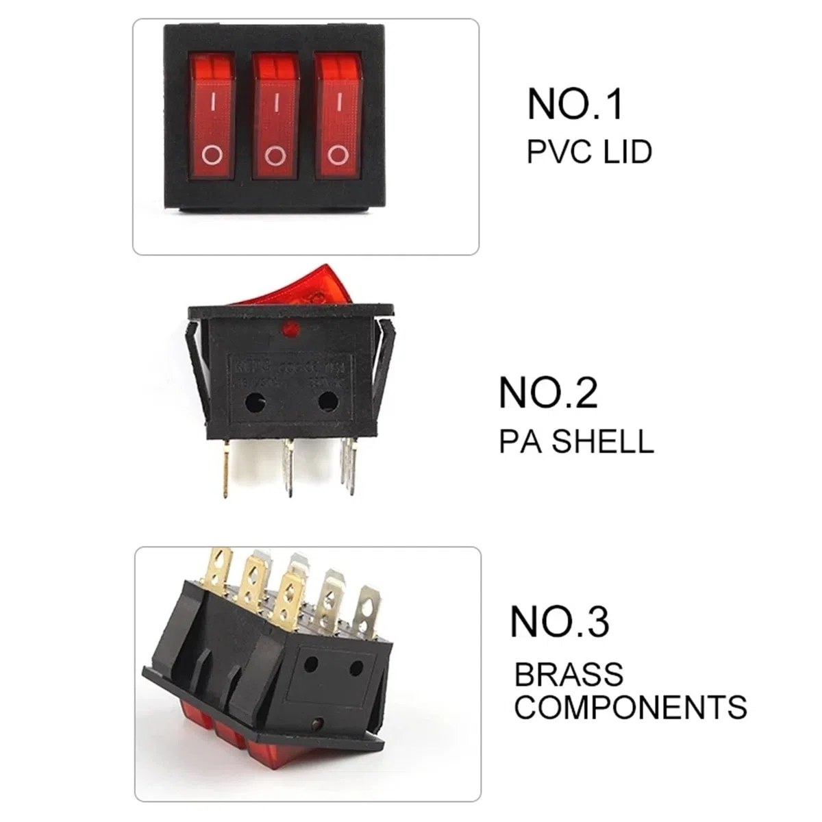 Interruptor basculante KCD3 40,3 x 33,3 mm, luz roja, 3 vías, negro, 9 pines, 2 posiciones, ON-OFF/ON-ON, 16A/30A, 250V CA, triple interruptor de alimentación, 10 unidades (With Red Light)