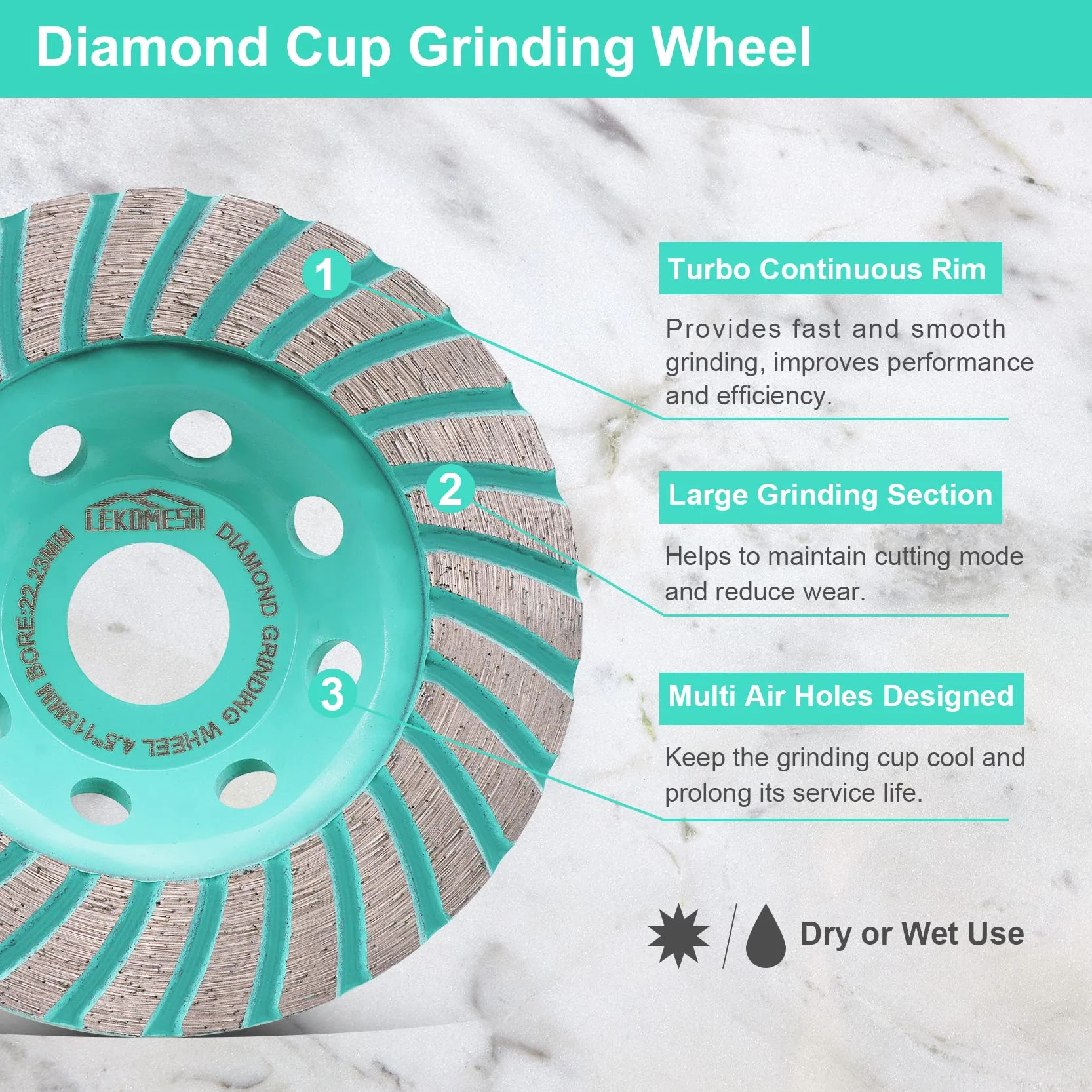 Muela de Copa de Diamante - 125mm Rueda Disco de Lijar Diamantato, Segmentos Turbo Disco para Hormigón Mármol Granito Albañilería LEKOMESH