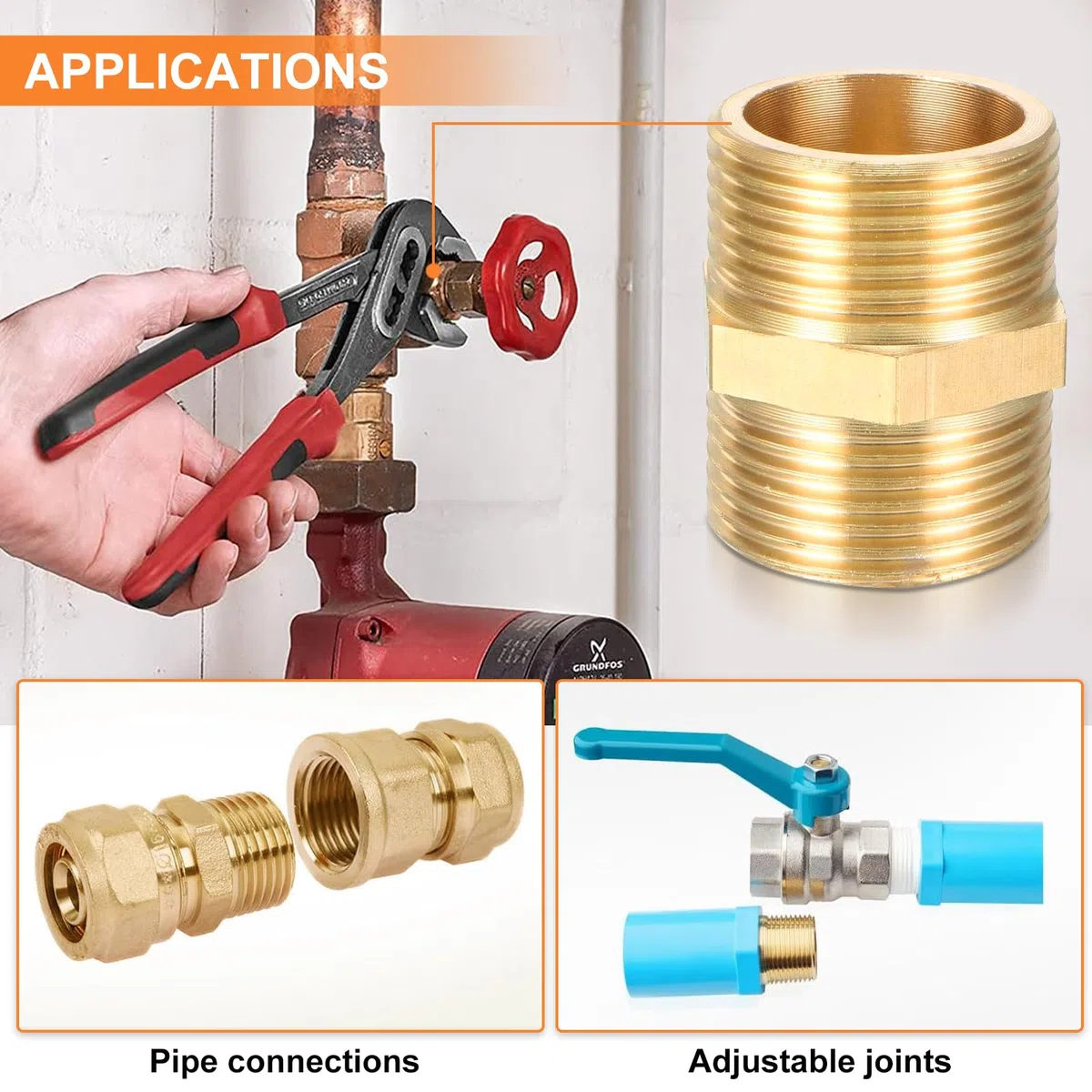 6 unidades de boquilla reductora de 1/2 pulgadas, rosca exterior de latón, accesorios hexagonales de rosca de latón para calefacción de agua potable, sanitarios (G1/2 hasta G1/2")