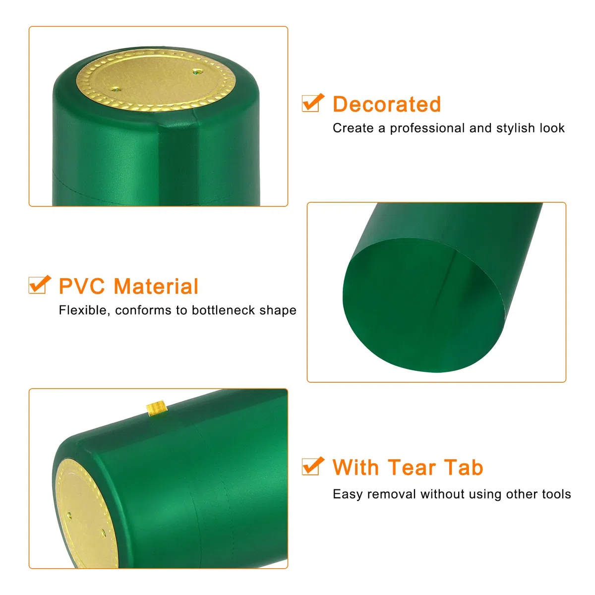 sourcing map 100 cápsulas termorretráctiles de PVC para botellas de vino, con pestaña de desgarro, cubierta superior retráctil para bodegas y cocina del hogar, verde/dorado, 30 x 60 mm