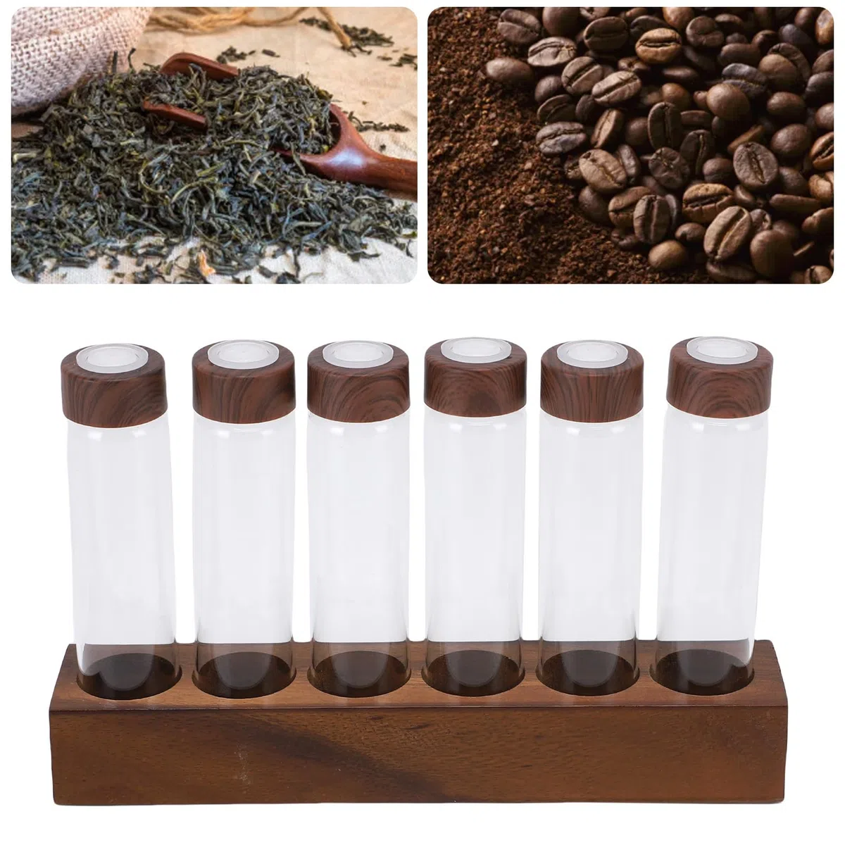 Luocute Tubos de Almacenamiento de Granos de café Monodosis, Tubos de Almacenamiento de Granos de café con Soporte de Madera 6/12 Válvulas Válvula Monodosis para cocina Dormitorio (6 hoyos)