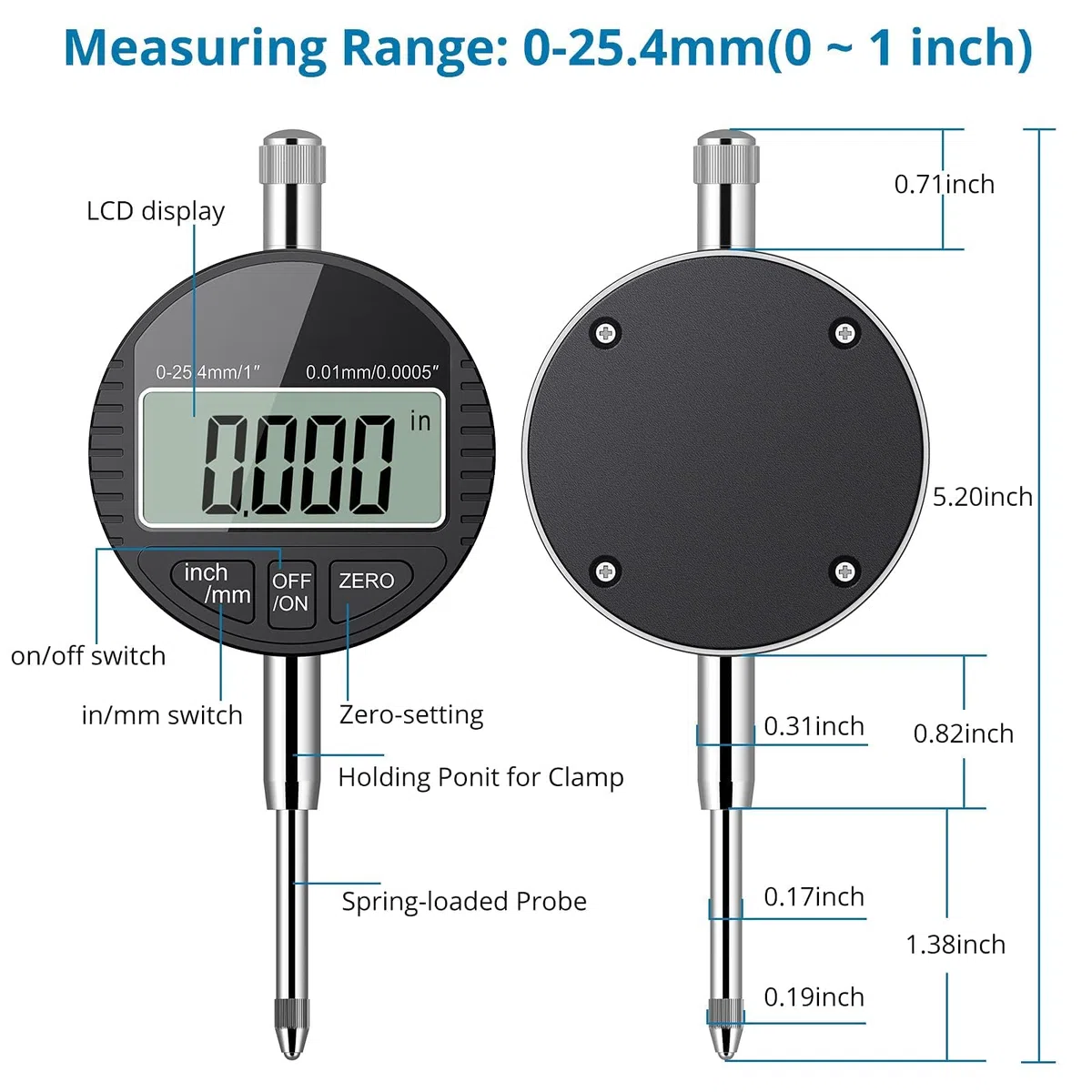 AUTOUTLET Indicador digital DTI Indicador de cuadrante digital DTI 0.01/0.0005 '' Indicador de sonda digital 0-25.4mm / 1 '' Relojes comparadores Indicadores de Prueba de Cuadrante Electrónico