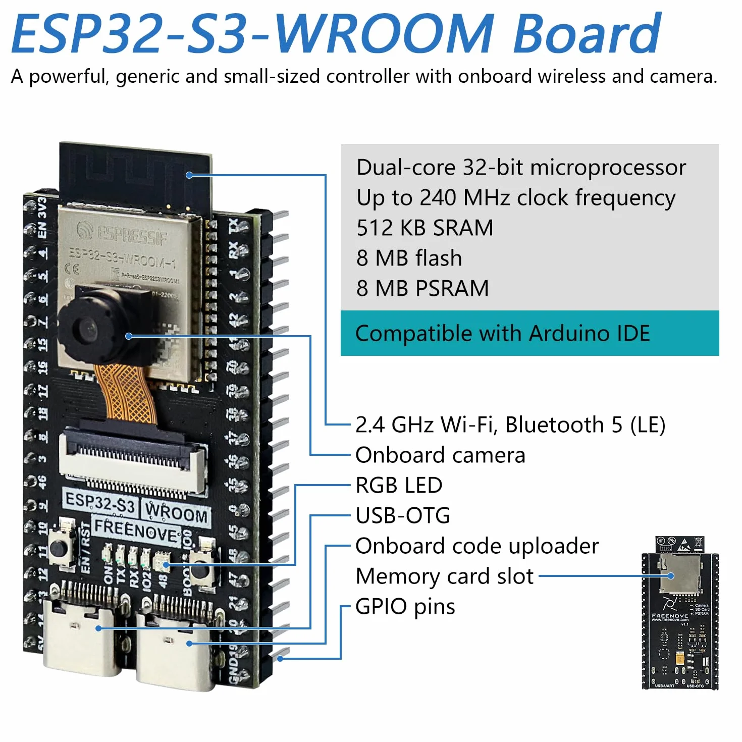Freenove Super Starter Kit for ESP32-S3 ESP32 S3 CAM (Included), Dual-Core 32-bit 240 MHz Microcontroller, Onboard Camera Wireless, Python C Code, 539-Page Detailed Tutorial, 176 Items, 76 Projects