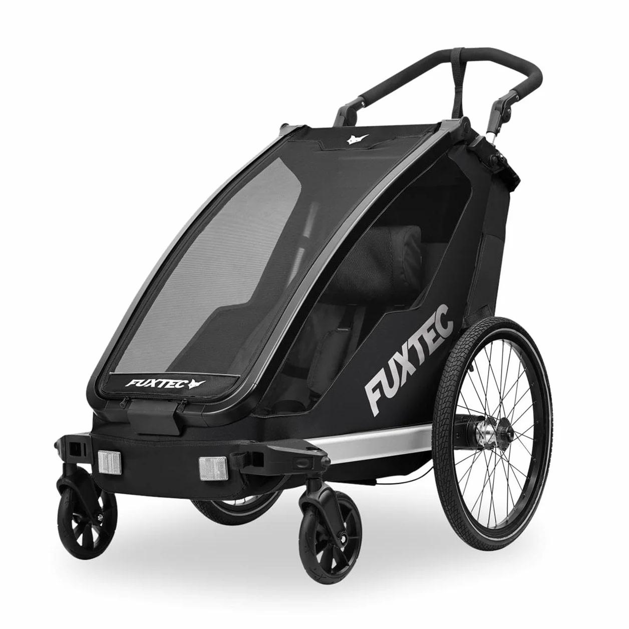 FUXTEC Remolque Bicicleta niños FX-FA1S | 1 Plaza Plegable con Manillar y Funda de Lluvia | Arnés de 5 Puntos y Correa de muñeca | Carga máx. 35 kg | Incluye Enganche y Bandera de Seguridad