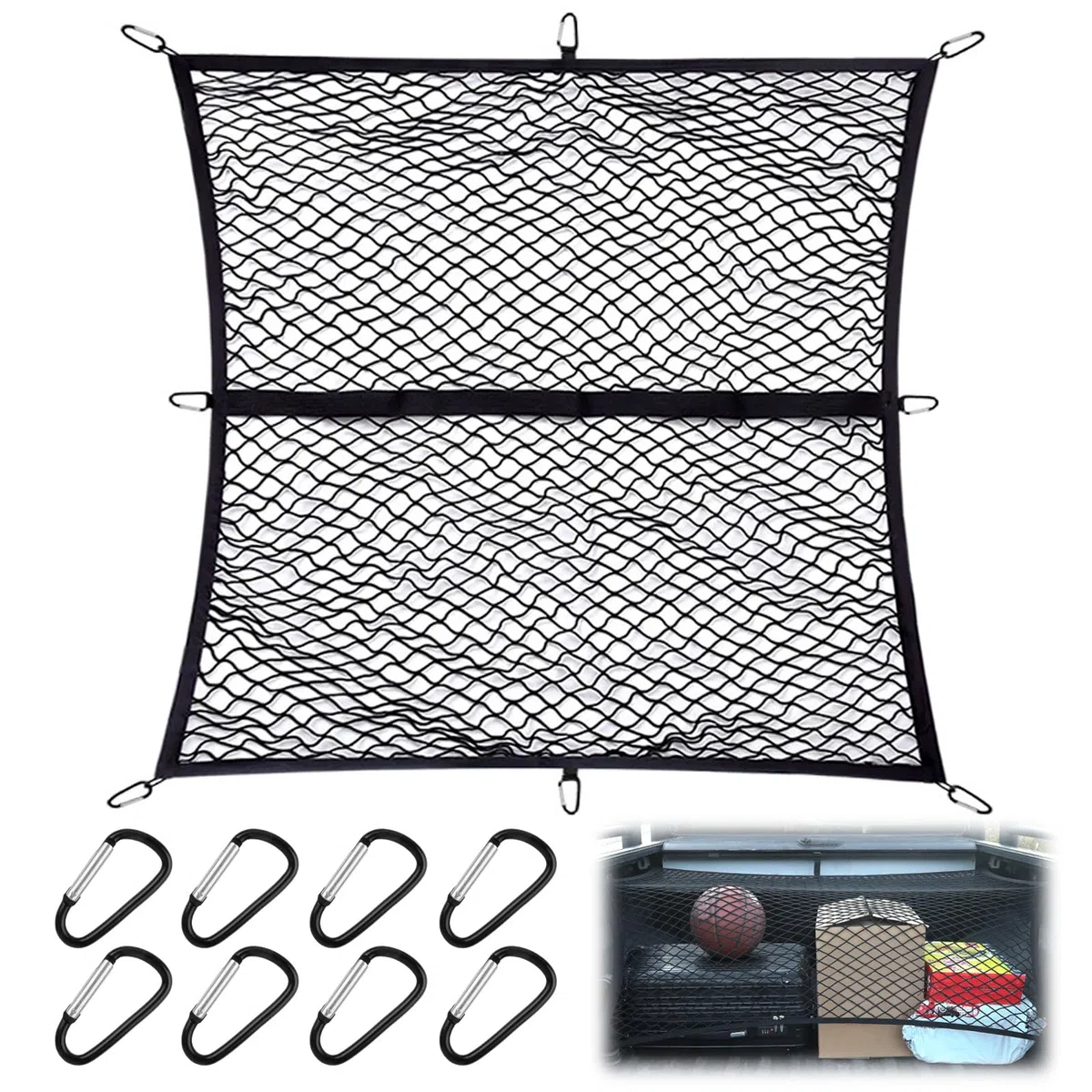 Red para maletero de 1,2 x 1,2 m, extensible hasta 2,1 m x 2,1 m, red de alta elasticidad para maletero, red de seguridad de carga con 8 mosquetones de acero para la mayoría de los coches