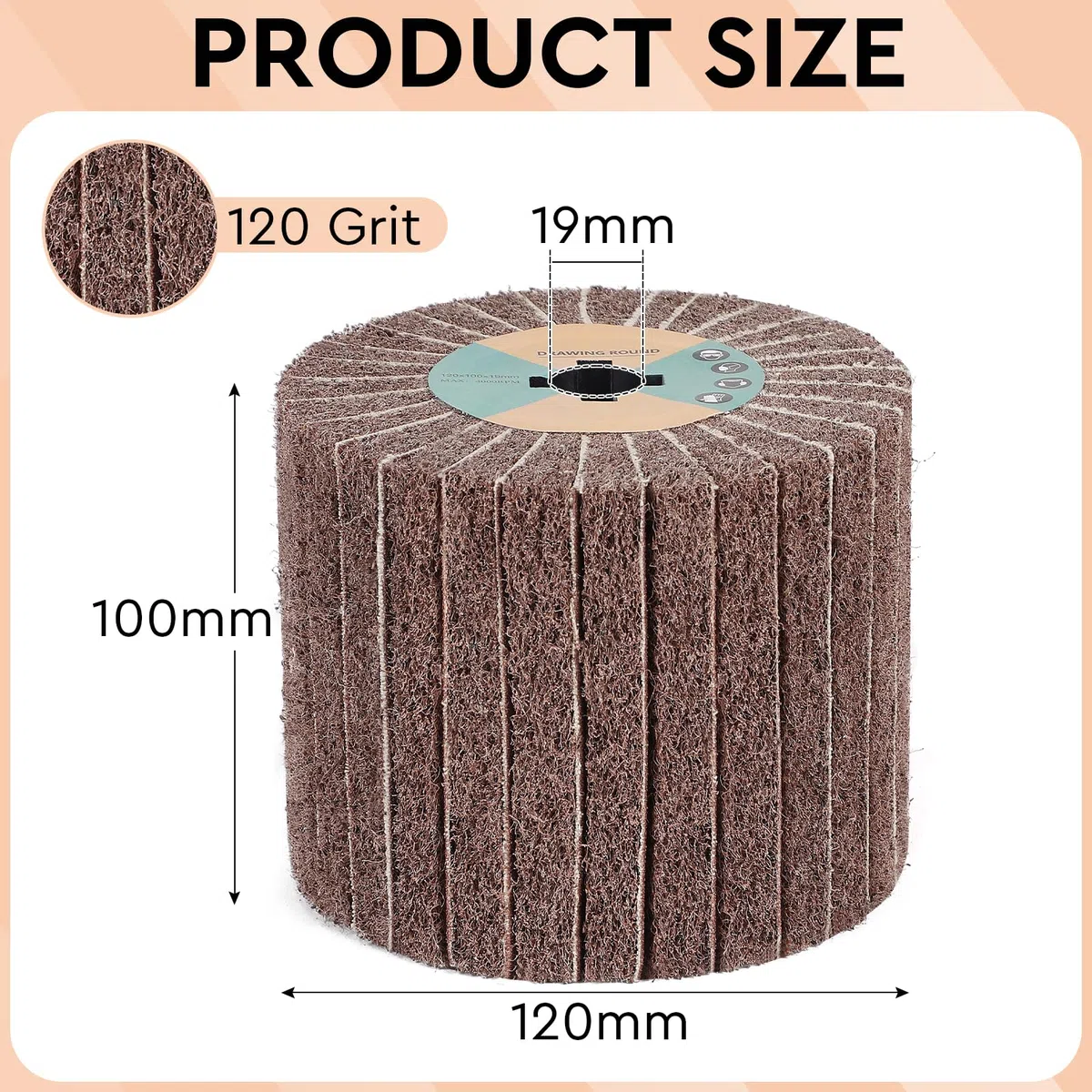 EXLECO Cepillo de Rodillo Abrasivo para Lijadora Electrica 19x120x100mm, Grano 120 de Fibra Sintética con Papel de Lija para Pulidora, Satinado para Pulido de Superficies de Madera y Metal
