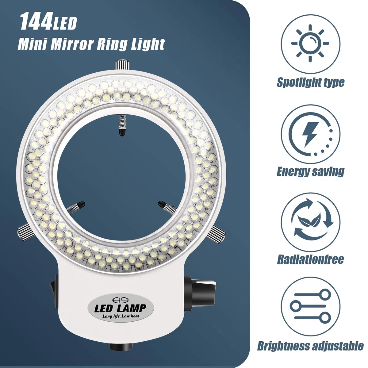 Anillo de luz industrial, 144 LED, 6000 K, 0-100% brillo ajustable, para microscopios y cámaras, incluye fuente de alimentación con enchufe de la UE