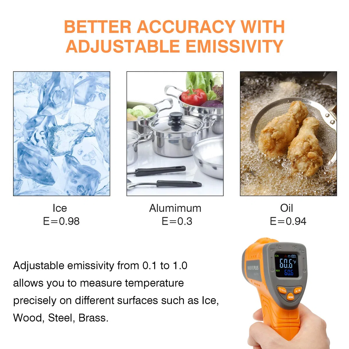 INKBIRD INK-IFT01 Termómetro infrarrojo sin contacto Pistola de temperatura láser digital Emisividad ajustable Medida máxima 550 ℃ Termómetro de lectura instantánea para cocinar Industria automotriz