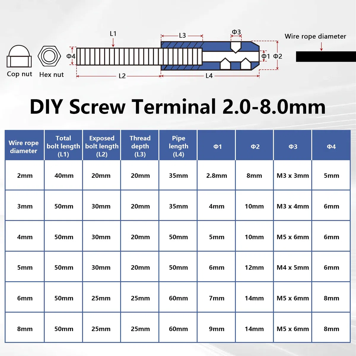 Pack de 12 Terminales para cable 2 mm – Tensor inoxidable con espárrago y llave Allen, Fijación robusta para cables metálicos en barandillas o cerramientos decorativos