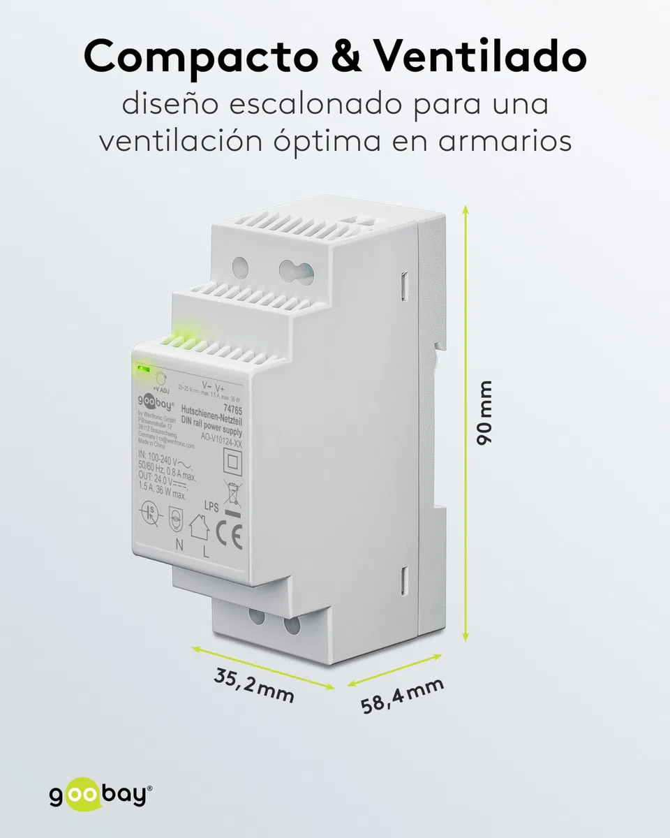 goobay Fuente de alimentación DIN 24V DC 1,5A, transformador de 230V a 24V con voltaje ajustable, protección múltiple, indicador LED, montaje en carril DIN, 74765