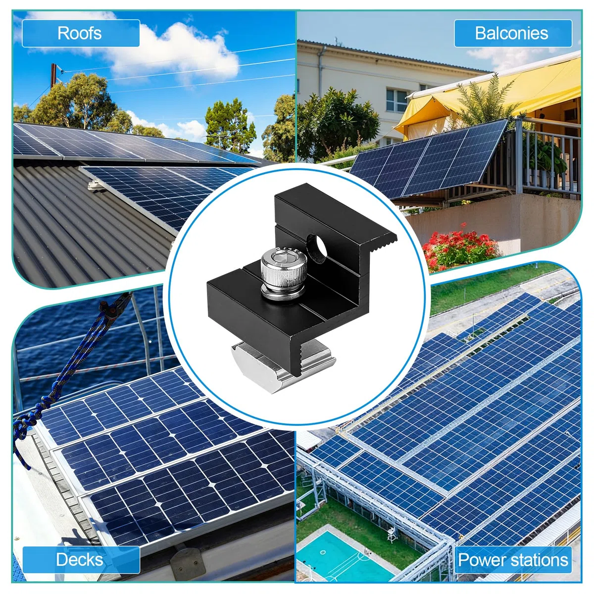 EXLECO Juego de 12 Abrazaderas de Extremo para Placas Solares 30 - 35mm, Soporte Panel Solar, Fijación para Módulos PV, Soporte para Placa Solar de Aluminio en Perfil de Rail Solar, Negras