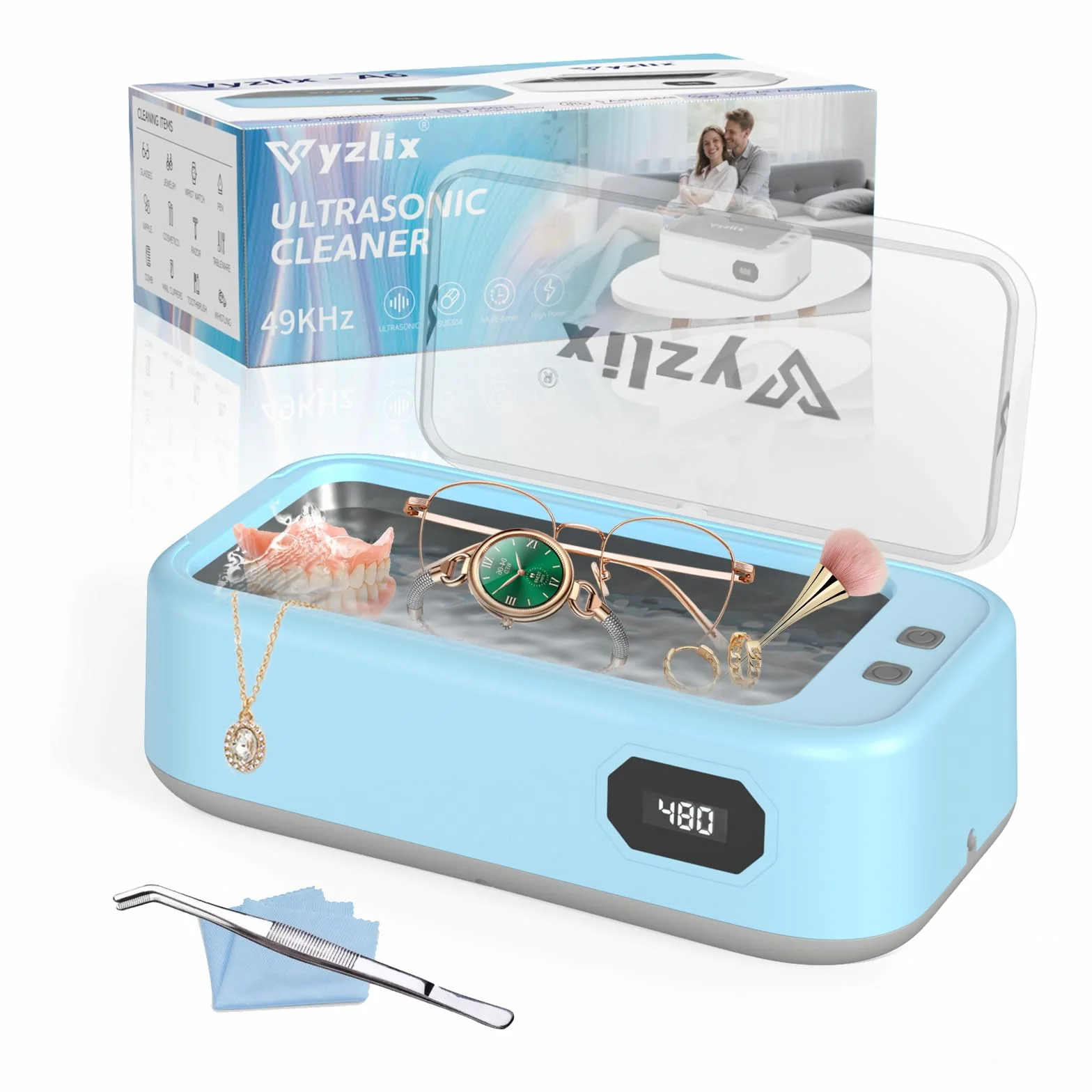 Limpiador Ultrasonidos, 640ml Ultrasonidos Limpieza con 5 modos, 40W Limpiador Ultrasónico, 49000 HZ Ultrasonic Cleaner para Joyas, Gafas, Relojes, Dentaduras, con Pinzas y Paño de Limpieza（azul）