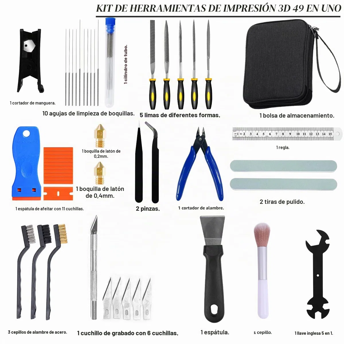 Kit de Herramientas de Impresora 3D,49 PCS Accesorios para Impresora 3D con Kit de Limpieza de Boquillas,Kit de Destornilladores de Extracción,Desbarbado,Pinzas