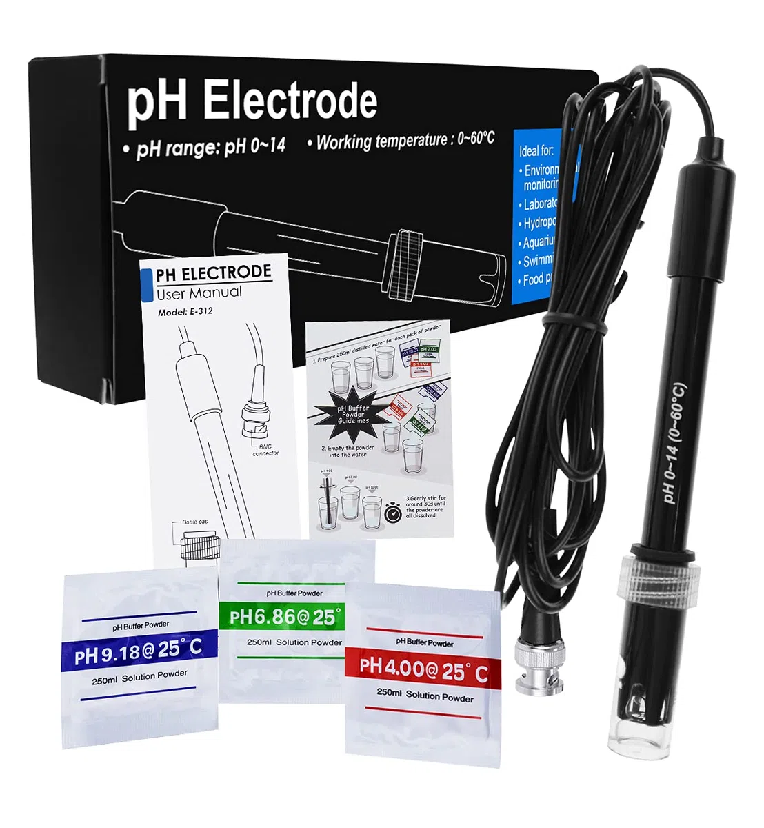 GAIN EXPRESS Electrode pH 0-14 muestra con conexión BNC, cable 300 cm para prueba de pH, kit de reemplazo para acuario, hidroponía, planta, piscina, spa