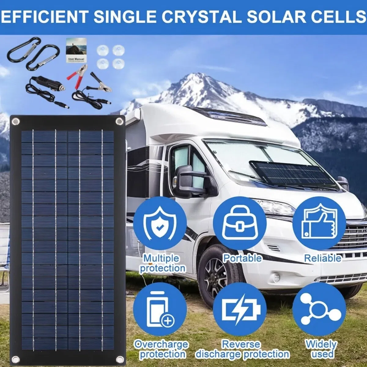 Cargador solar monocristalino de 60 W 18 V, salida de 12 a 18 V CC con puertos USB duales, para mantenimiento de coche/caravana/barco, incluye clips de cocodrilo y ventosas, construcción de