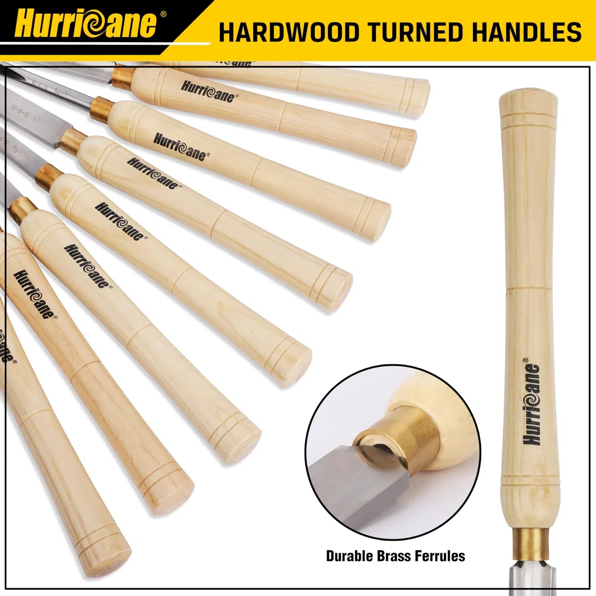 HURRICANE Juego de cinceles para torno de madera, 8 piezas HSS herramientas de torneado de torno de madera, herramientas de torno para carpintería con caja de madera