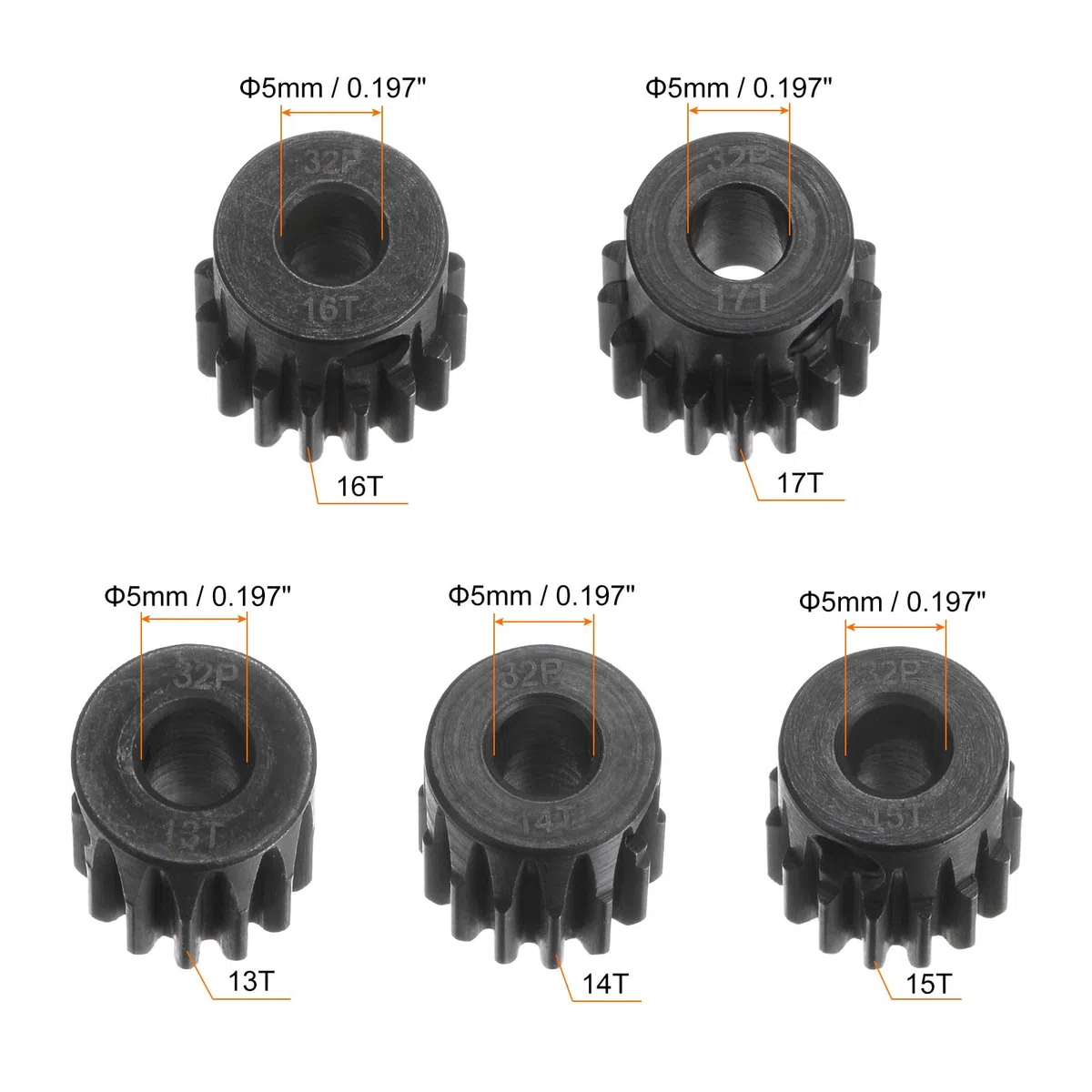sourcing map Piñón Endurecido 32P, Engranajes de Motor Kit 5Pzs 13T 14T 15T 16T 17T para Eje de Motor RC de 5mm, Engranajes de 32 Pasos 0,8 Paso Métrico para Coche RC, con Llave Hexagonal