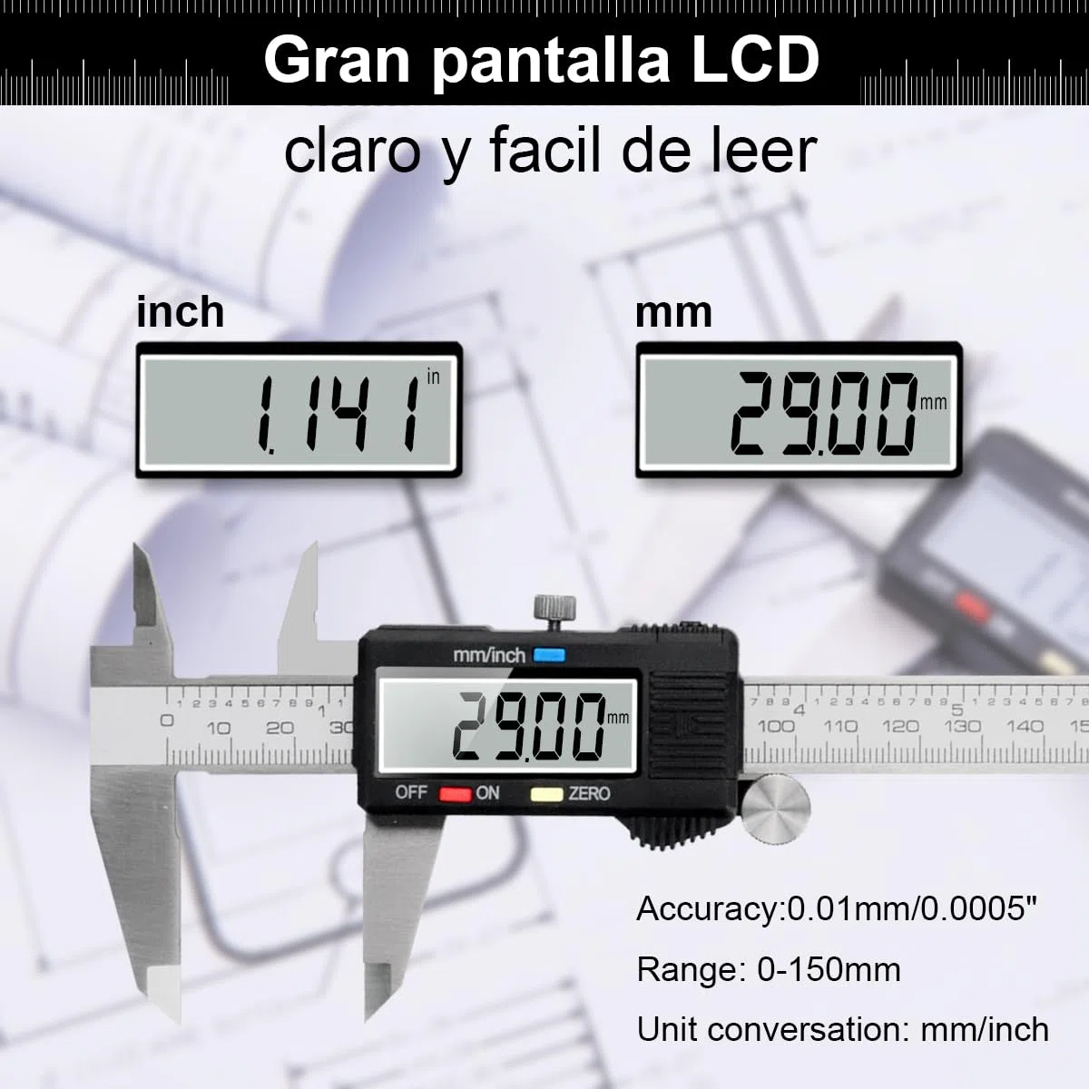 Calibre Digital, Qfun Pie de Rey Profesional Acero Inoxidable 150 mm con Pantalla LCD Grande Calibrador Digital Precisión 0.01mm Impermeable Medir Diámetro Interior Exterior Profundidad