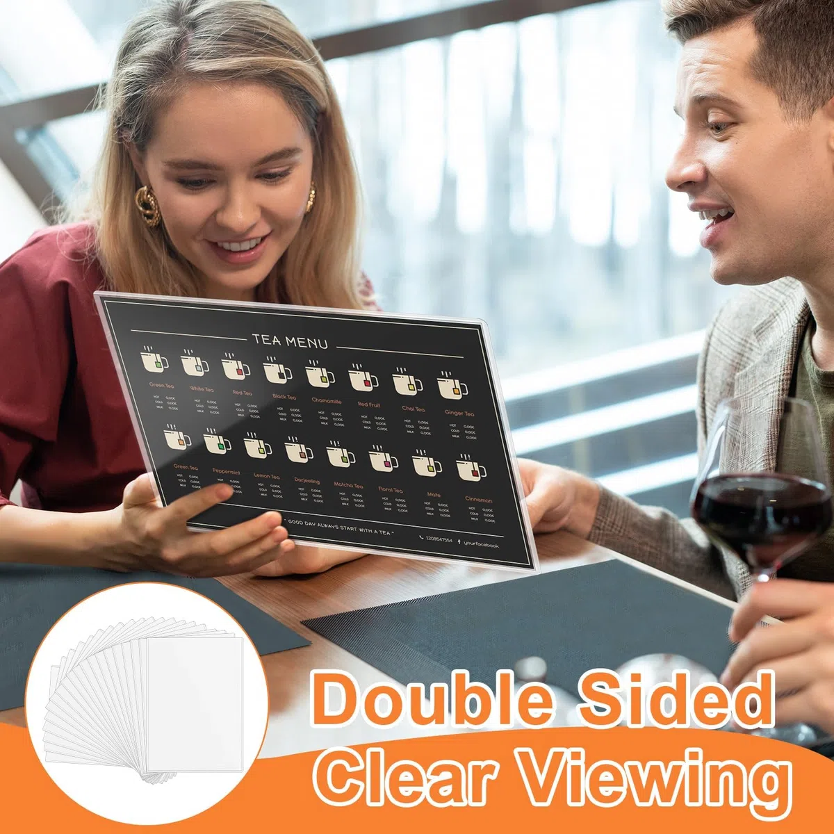 Paquete de 20 fundas de menú A4 de una sola página, doble vista, fundas de menú de PVC transparente, carga superior para restaurantes, bares, cafeterías, escuela en casa