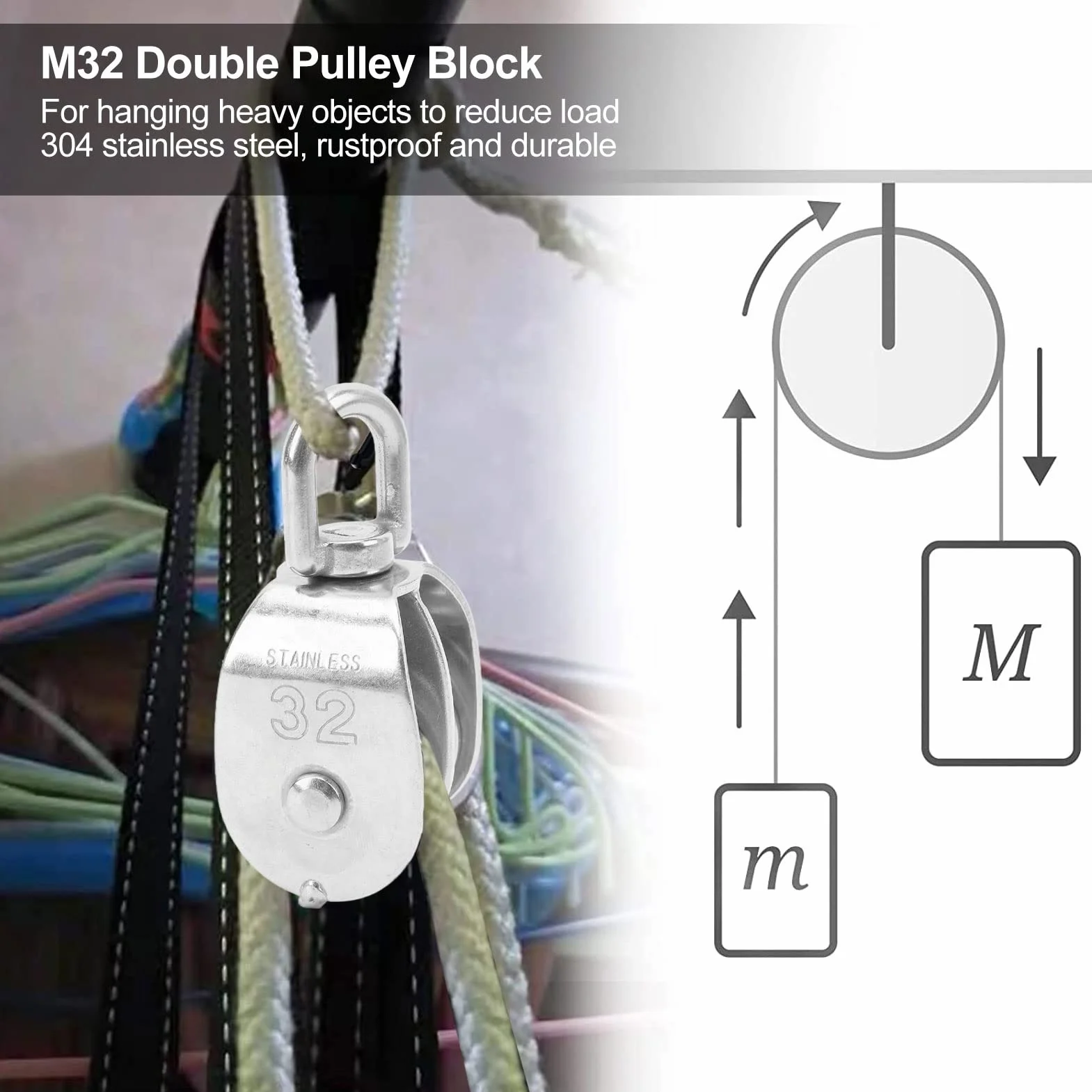 2 Uds Bloque de Polea Doble, Bloque de Polea de Cable M32 Rueda de Rodillo Polea de Rotación de 360 ​​grados de Acero Inoxidable para Elevación de Cable