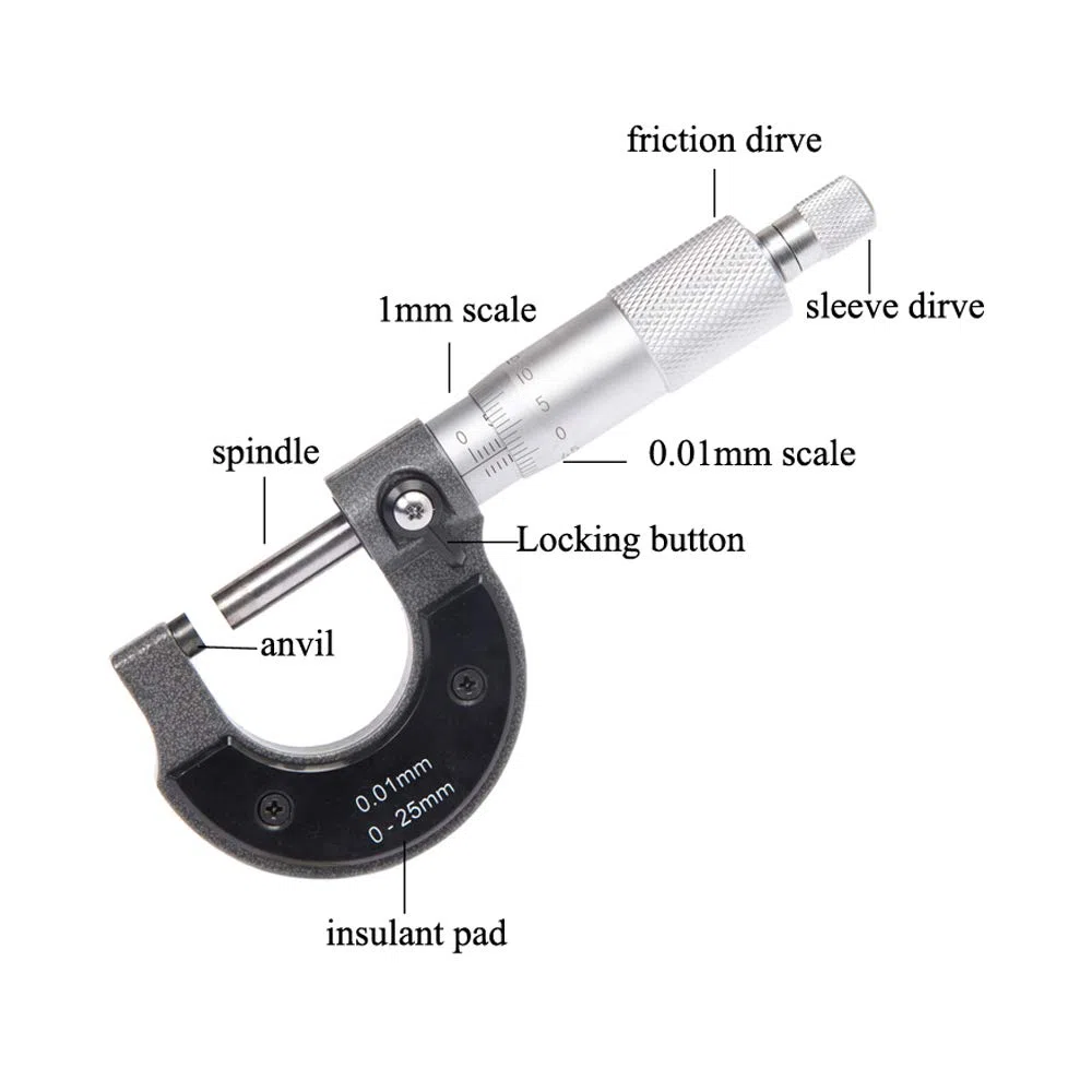 Beslands - Micrómetro Exterior Calibrador 0-25 mm, con Micrómetro de 0,01 mm, Alta Precisión para Medición Externa