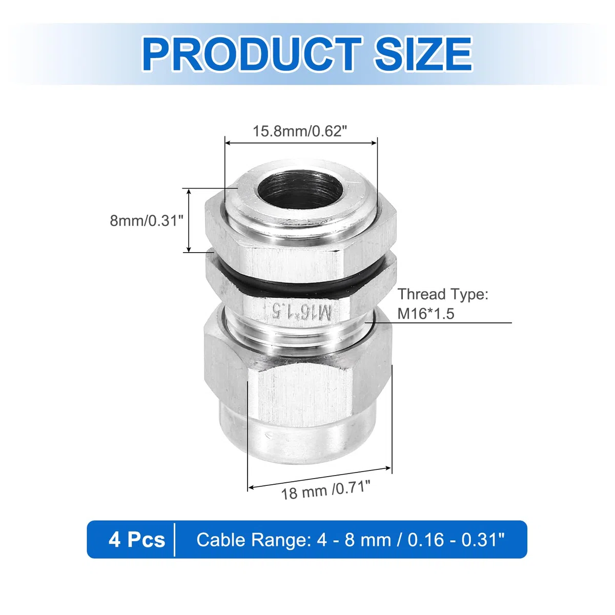 sourcing map Prensaestopas M16 x 1,5 mm, IP68 impermeable para cable de alivio de tensión para cable de 4 a 8 mm de diámetro, protectores de alambre de acero inoxidable 304 para fijación, cableado