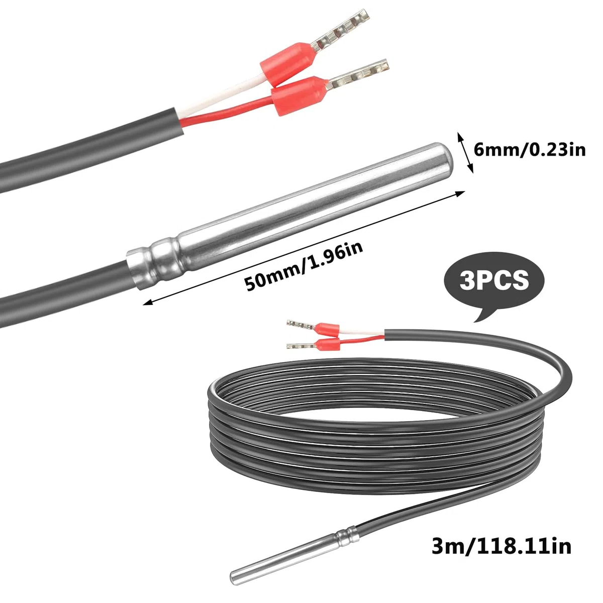 Vegena 3 Piezas Sensores De Temperatura, Pt1000 Sensor De Temperatura Digital Sonda De Tubo De Acero Inoxidable Con Cable De Línea De Pvc Para Monitoreo De Temperatura