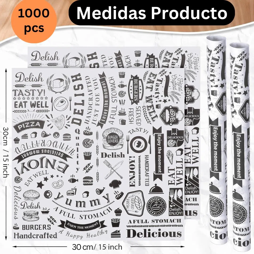 1000 unidades Papel Antigrasa alimentos - 30cmx30cm - Ideal para envolver alimentos - Estilo Retro de Periódico Antiguo - Especial para Basket Chips y Cualquier Tipo de Recipiente