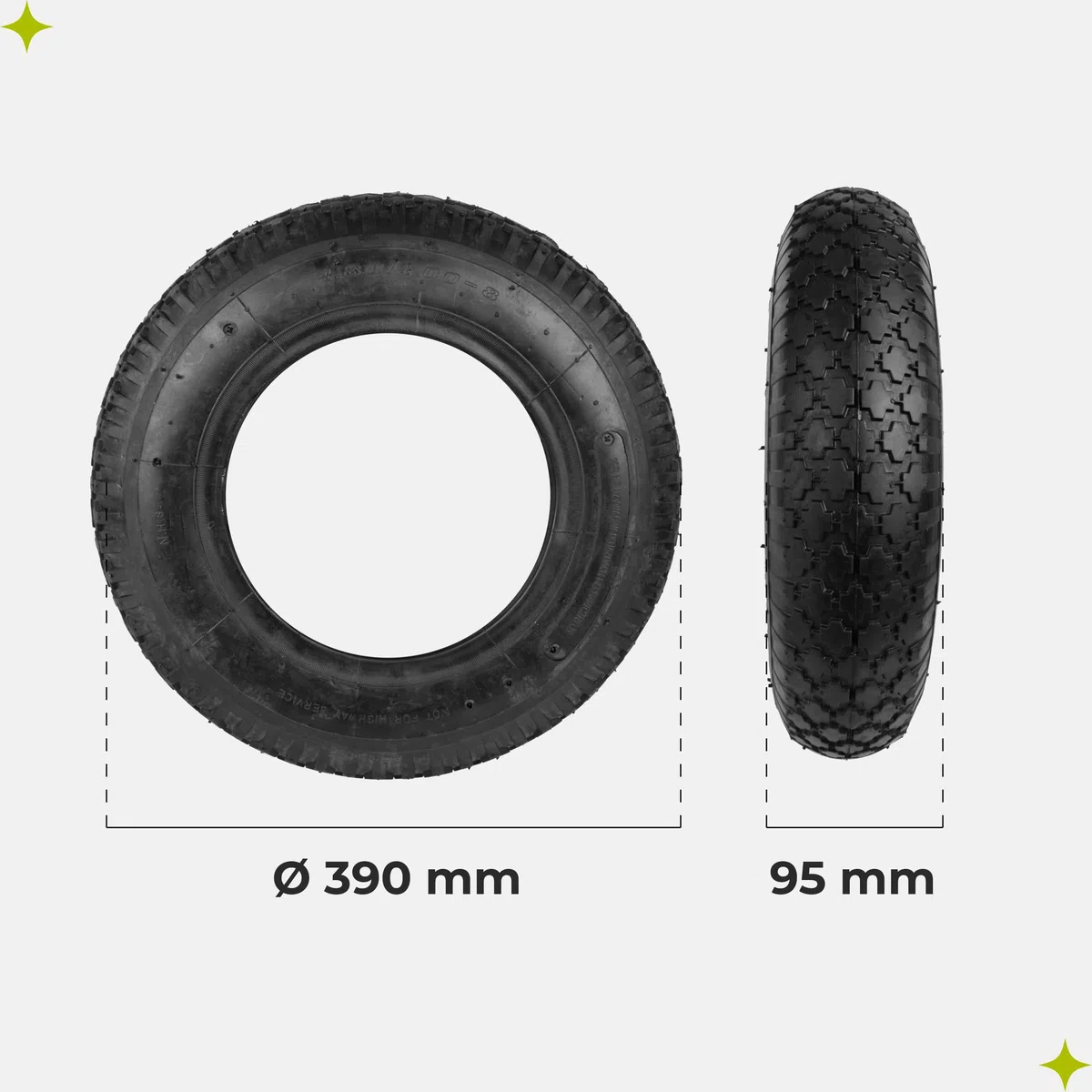 Garronda x2 Set de Neumáticos 4.80/4.00-8 con Cámara de Aire - Rueda Resistente 390x95 mm, 2PR Neumático de Repuesto para Carretilla de Mano, Válvula, hasta 210kg, para Jardín y Obra GD-0164 (Negro)