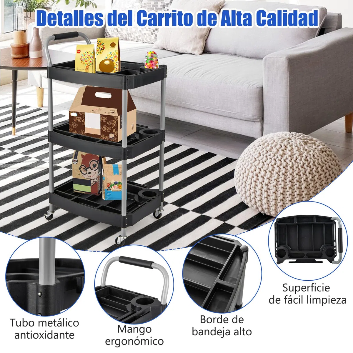 GOPLUS Carro de Herramientas con Ruedas de 3 Niveles, Carro de Taller con Ranuras para Herramientas y Mango, Carrito de Almacenamiento Multiuso para Hogar Taller Garaje