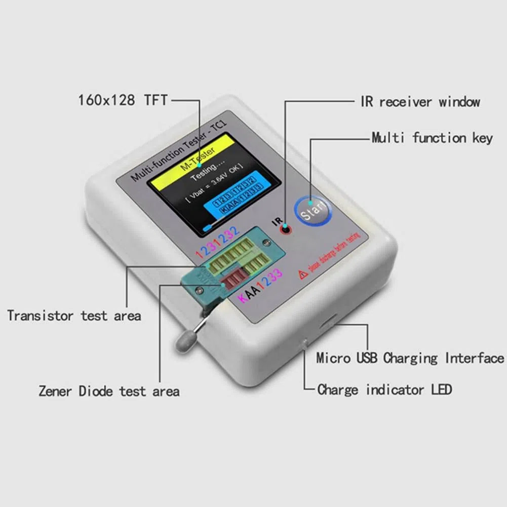 LCR TC1 Pantalla LCD TFT de 1,8 Pulgadas MultíMetro Probador de Transistores Diodo Triodo Condensador Medidor de Prueba de Resistencia