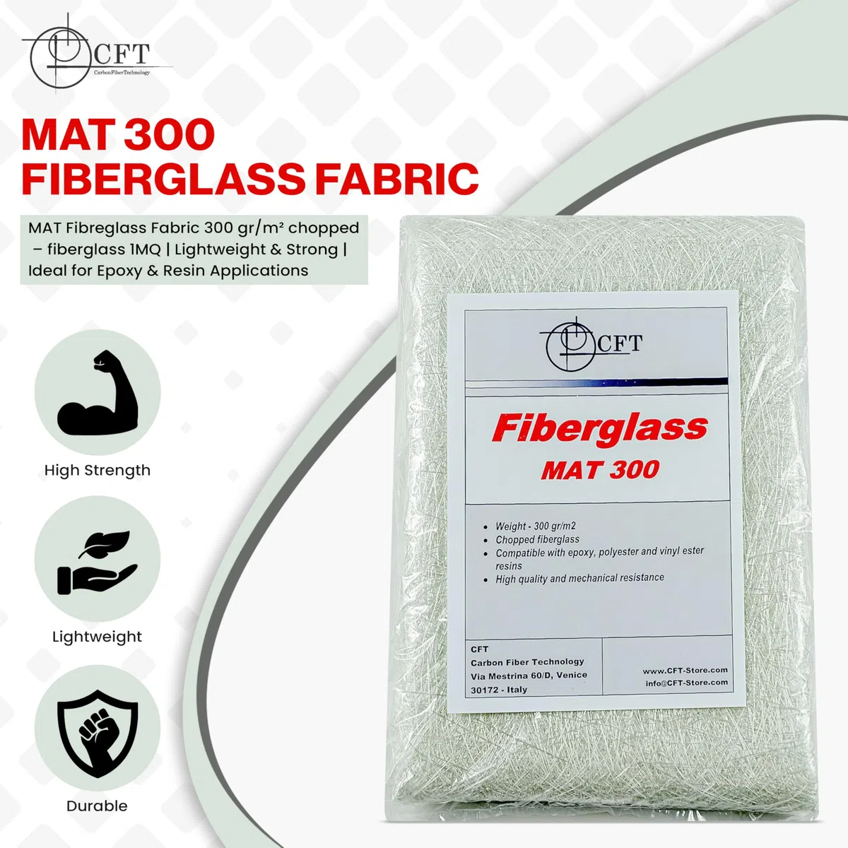MAT 300 Fibra de vidrio 1 m² – Colchoneta de 300 g/m² de fibra de vidrio – Compatible con resina de poliéster y epoxi – para náutica, bricolaje, moldes, reparaciones de barcos y uso civil