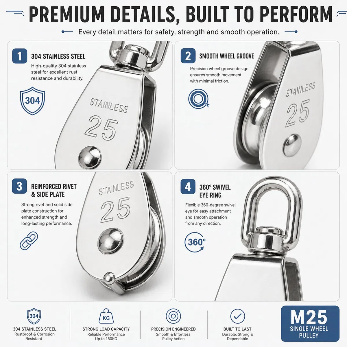 Starvast - Polea simple M25 de acero inoxidable 304 – M25 – Polea de elevación – Capacidad de la polea 150 kg – Plata