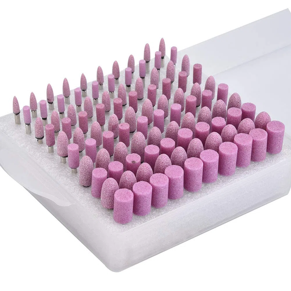 100 piezas de pulido, 100 piezas de pulido cabeza de piedra muela fresa para amoladora piedra cabezal de molienda accesorios rueda fresa rosa vástago diámetro 3 mm para con caja diámetro del eje 3 mm
