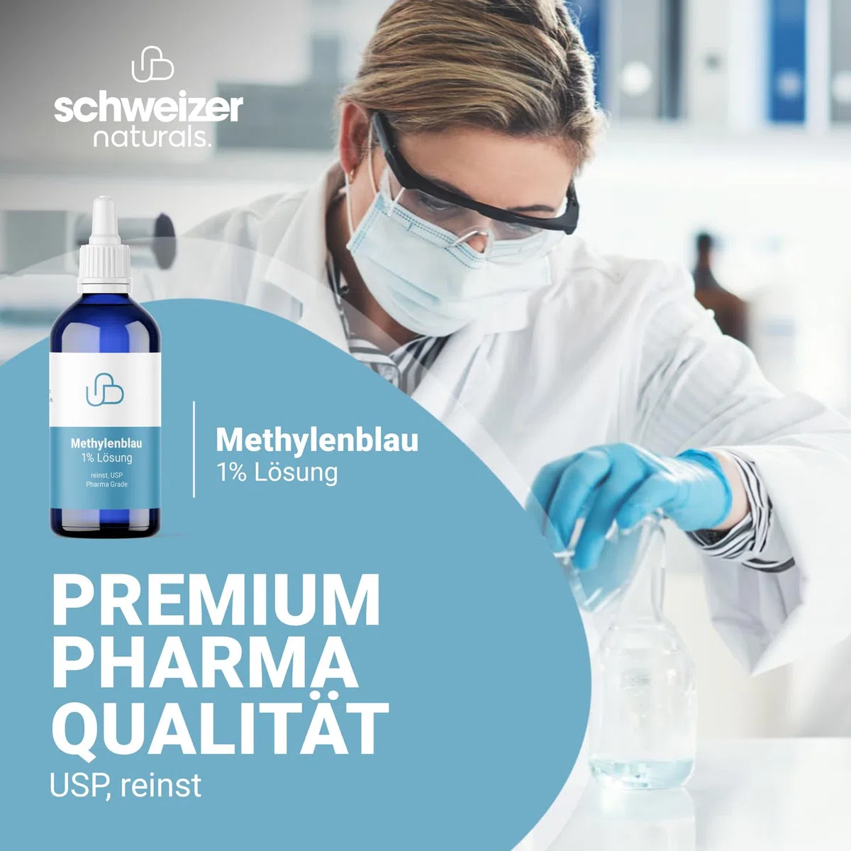 Solución de Azul de Metileno al 1% de calidad farmacéutica USP pura, 2x 100 ml de solución acuosa, sin aditivos, calidad verificada en laboratorio - fabricada en Alemania
