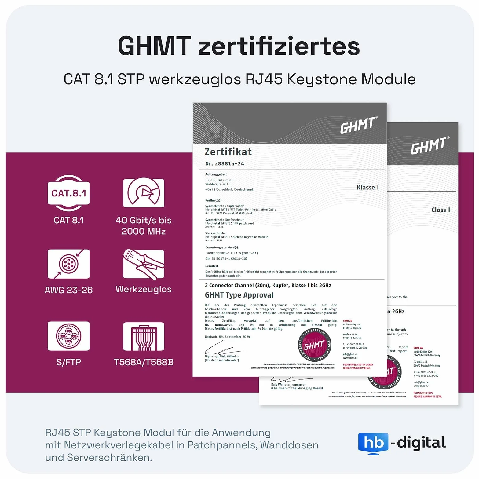 hb-digital 2 puertos CAT 8 RAL9010 + 2 x GHMT certificado CAT 8 Keystone RJ45 módulo LAN Ethernet Keystone enchufe hembra hembra máx. 40 Gbps STP – Blanco puro