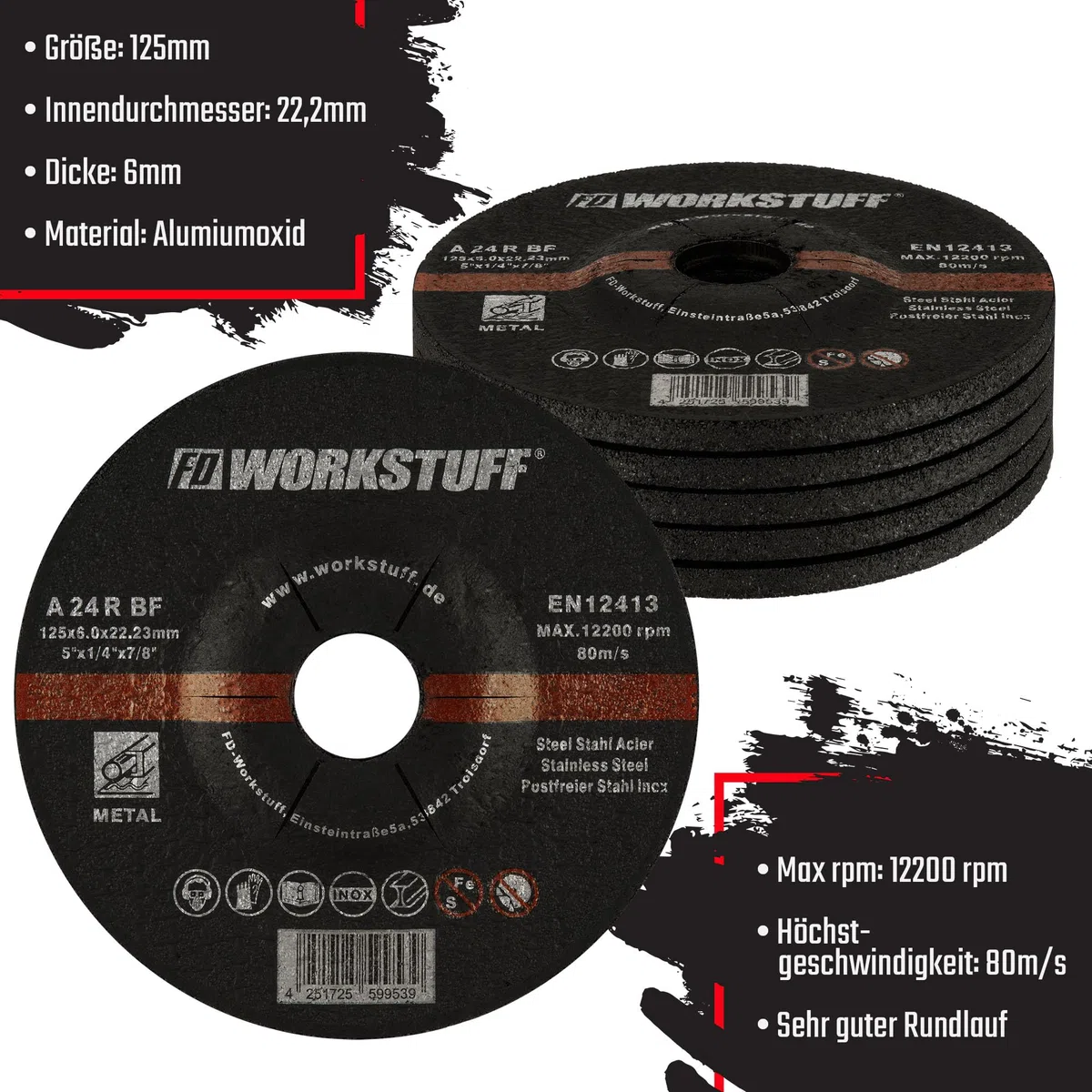Fd-Workstuff - Discos de Desbaste Profesionales, 10 Unidades, 125 x 6 mm para Amoladoras, Acero y Metal No Ferroso. Accesorios Duraderos y Versátiles, Amplio Alcance de Uso