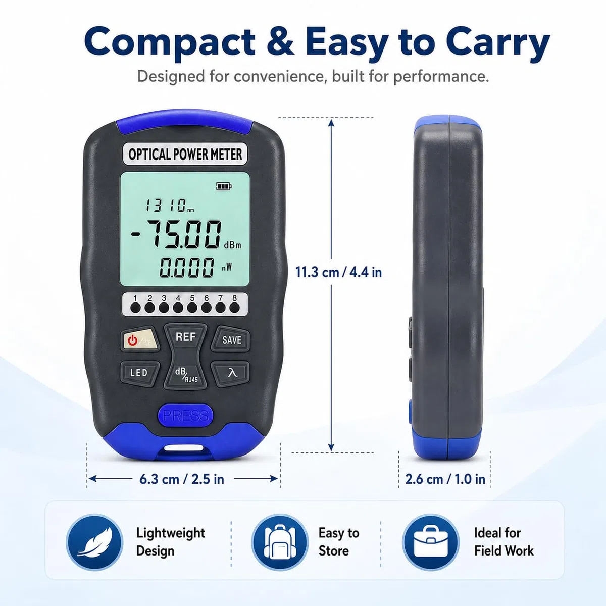 Medidor De Potencia óptica, 3 En 1 Probador De Fibra óptica Recargable Probador De Cable De Fibra ópticas Con Prueba De RJ45 Y Luz Led, -70~+10dbm 850-1700nm Optical Power Meter Con FC/LC/ST Interfaz