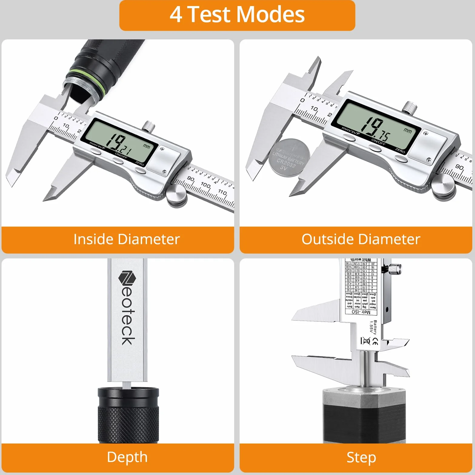 Neoteck Calibre Digital Acero Inoxidable 200mm/8Inch con Calibrador de Espesor Pie de Rey Fracciones/Inch/Metrico Cambio de Herramienta de Medición para Longitud Ancho Profundidad Diámetro Interior