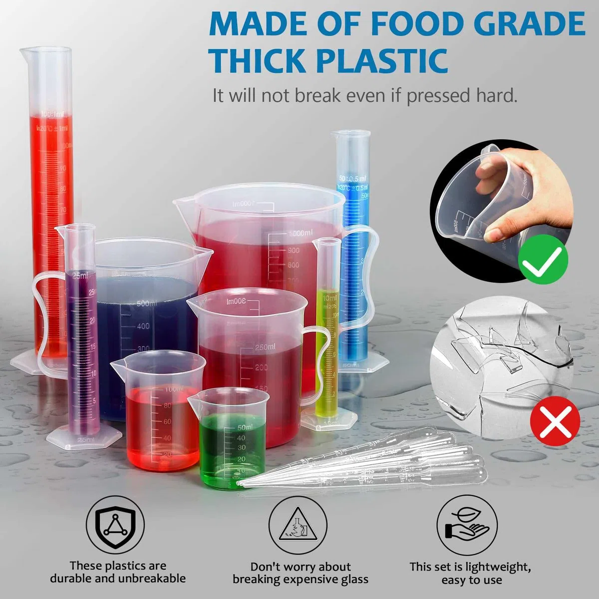 moveland Juego de cilindros graduados de plástico y vasos de plástico mejorado, cilindro graduado de 10 ml, 25 ml, 50 ml, 100 ml, vasos de 50 ml, 100 ml, 250 ml, 500 ml, 1000 ml, 5 pipetas, ideal para