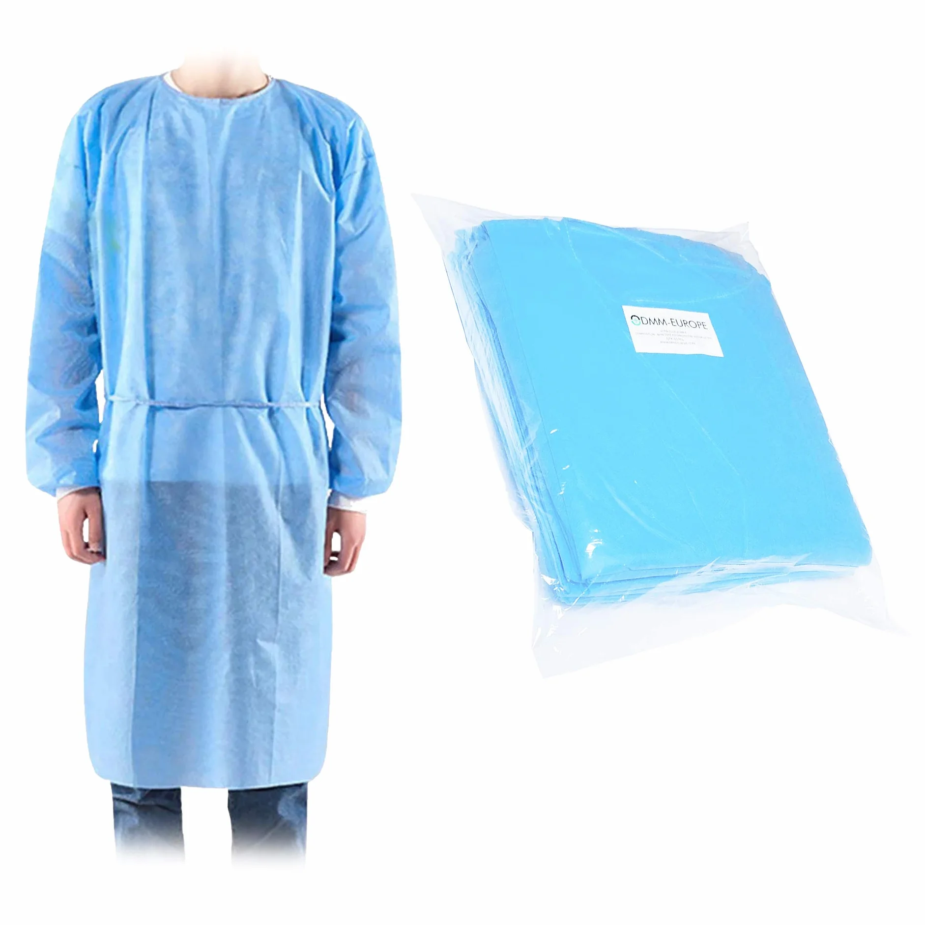 10x Batas Sanitarias Desechables - Repelentes al Agua - 30GSM - 100% Polipropileno no Tejido - Talla Única CE - Categoría de Protección I - Calidad Profesional - Azul - 10 Unidades - Dmm-Europe