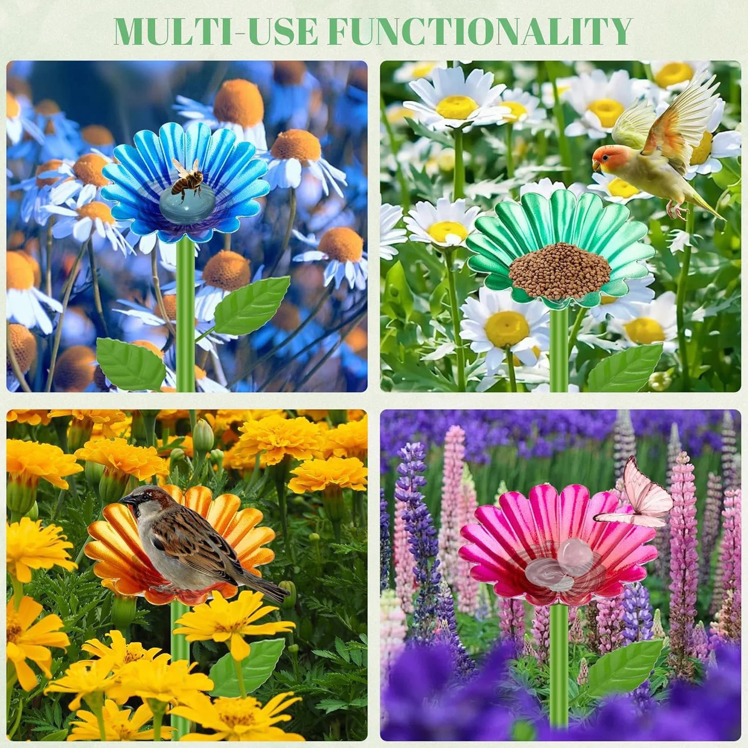 ZONSUSE Estación de Agua para Abejas Jardín, Bebedero para Abejas, Comedero para Mariposas y Baño de Insectos, Estacas de Flores de Metal, Estación de Riego Decoración Exterior Regalo (4 Unidades)