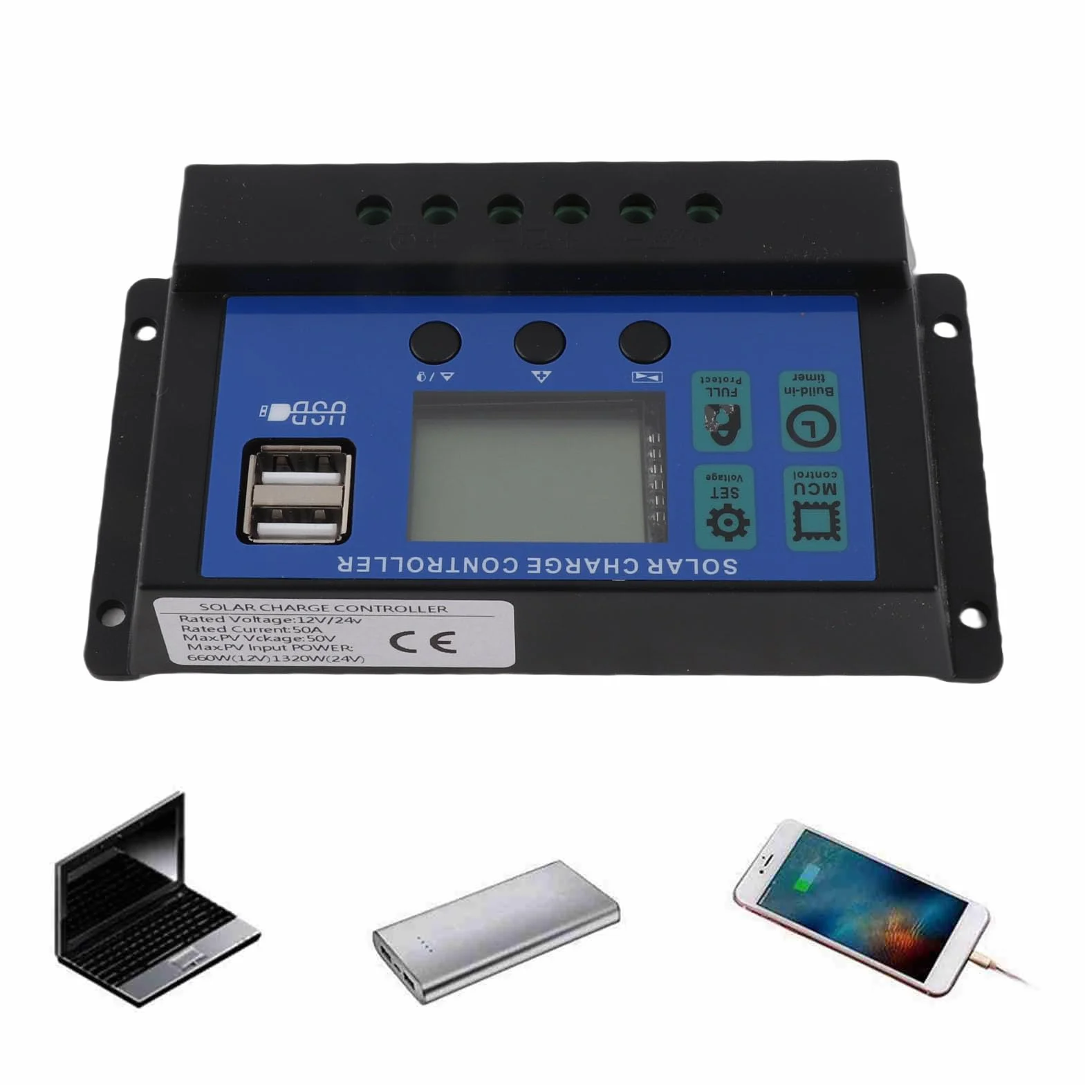 60A/50A/40A/30A/20A/10A 12V 24V Controlador de carga solar automático Controlador PWM(50A)regulador placa solar 12v